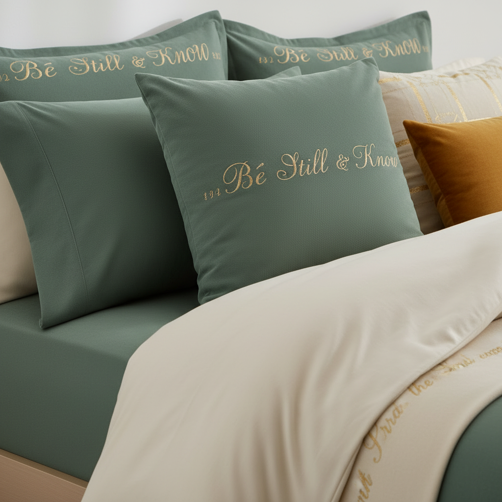 Sage green scripture bedding with Be Still & Know embroidery — Faithful Living Essentials