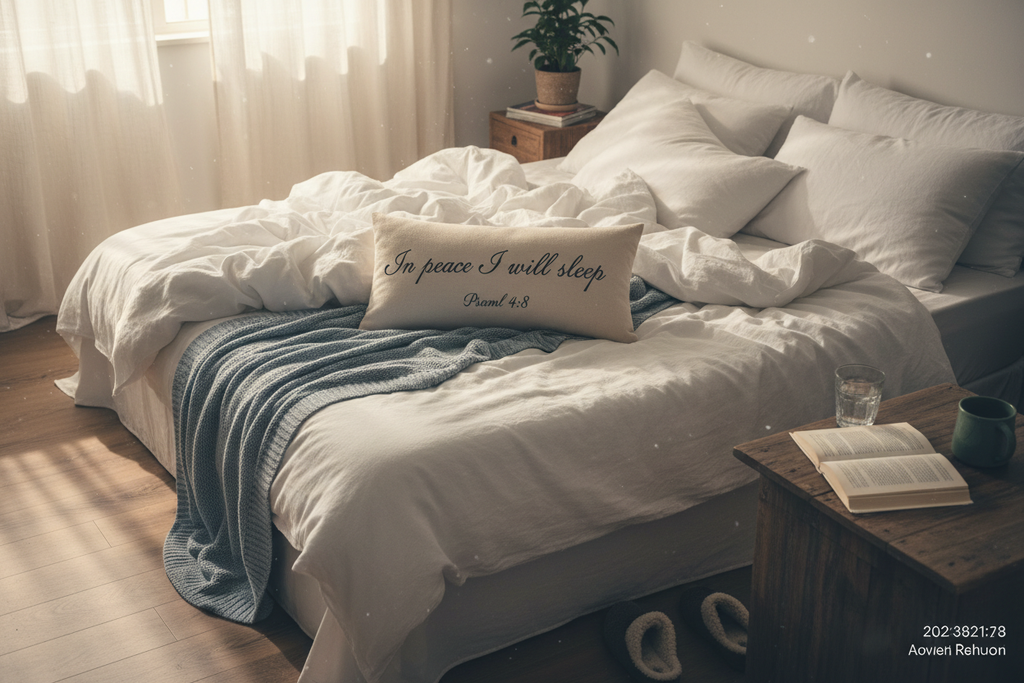 Customer photo of Bedroom Pillow Psalm 4:8 on real bed
