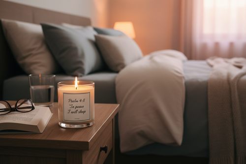 Customer photo of Bedroom Candle Psalm 4:8 on nightstand