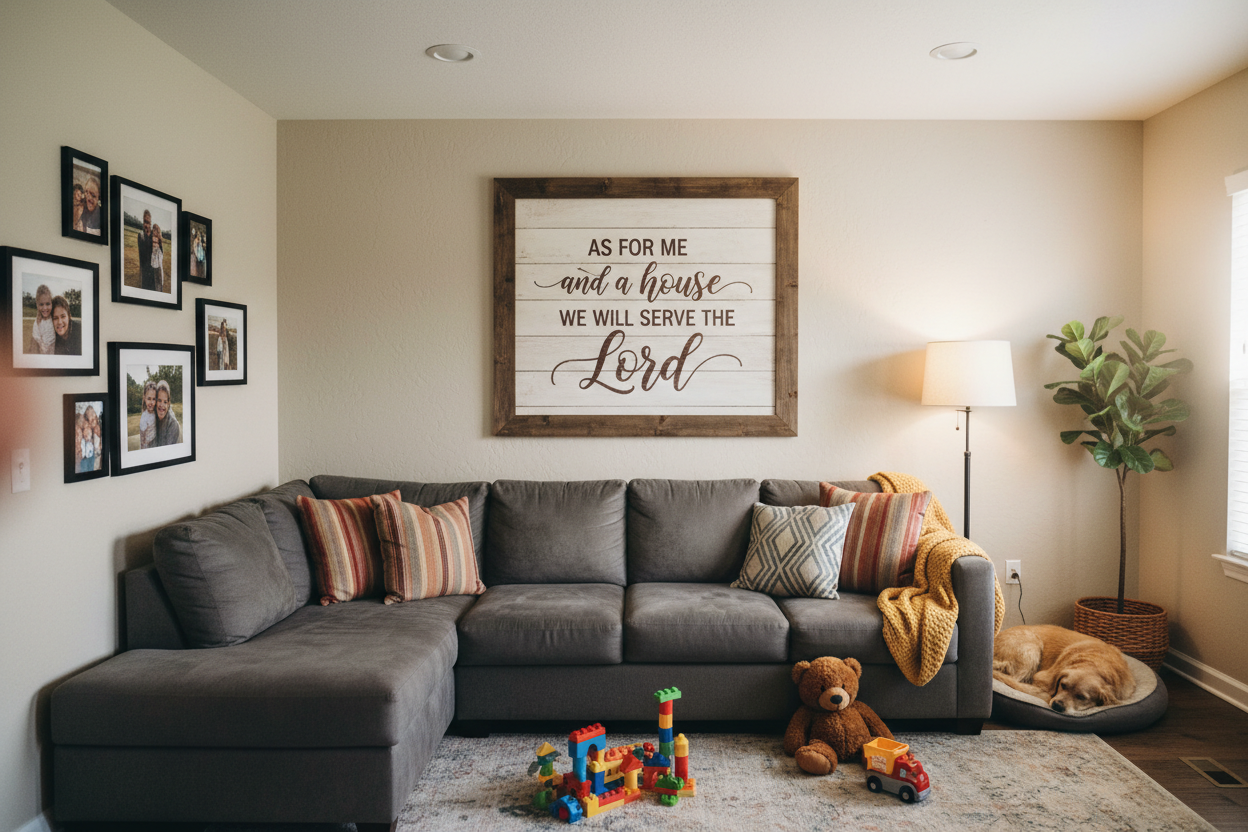 Customer photo of Living Room Wall Art Joshua 24:15 above couch