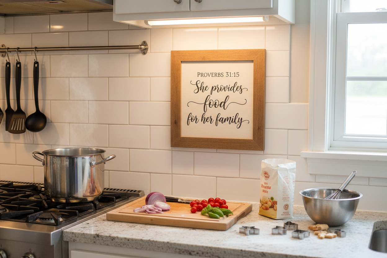 Customer photo of Kitchen Wall Art Proverbs 31:15 in real kitchen
